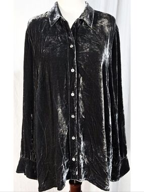 J Jill Velvet Oversized Button Down Shirt Gray Silk Blend Vintage Whimsigoth